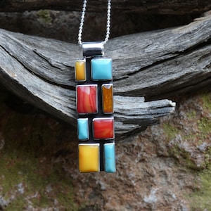 Colorful Mosaic Multi Gemstone Large Pendant Handcrafted In USA Sterling Silver 925 With 18&quot; Sterling Silver Chain Free Shipping Gift Bag G3