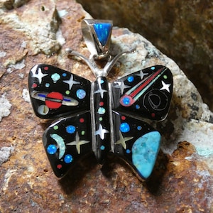 Galaxy Night Space Sky Butterfly With Planets Moon Stars Handcrafted Multi Gemstone Micro Inlayed Pendant Sterling Silver 925 Free Ship C32