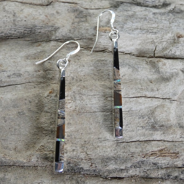 Tiger's Eye Black Onyx Jasper & Opal Gemstone Southwestern Sterling Silver 925 Petite Bar Stick Earrings Free Shipping Gift Bag NEW W74