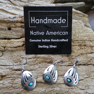 3 PC SET Native American Made Navajo Shadow Box Bear Paw Turquoise & Sterling Silver 925 Pendant And Earrings Free Shipping Gift Bag AM30