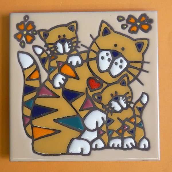Ceramic Art Tile 6"x6" Cute Colorful Kitty Cat Family With Kittens Heart Flowers Handcrafted Hand Painted Tile Trivet Wall Free Shipping E71