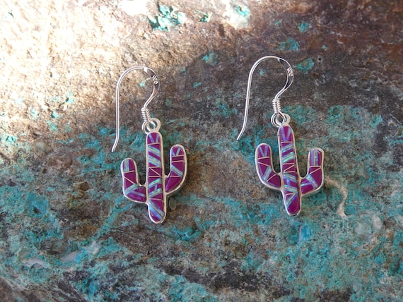 Saguaro Cactus Sterling Silver 925 Purple Sugilite Gemstone Highlighted With Opal Southwestern Earrings Handcrafted In USA Free Shipping USA