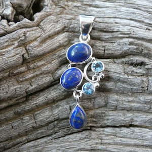 Lovely Dark Blue Lapis Blue Topaz Beautiful Circle Tear Drop Handmade Sterling Silver 925 Gemstone Pendant Free Shipping Gift Bag NEW C56