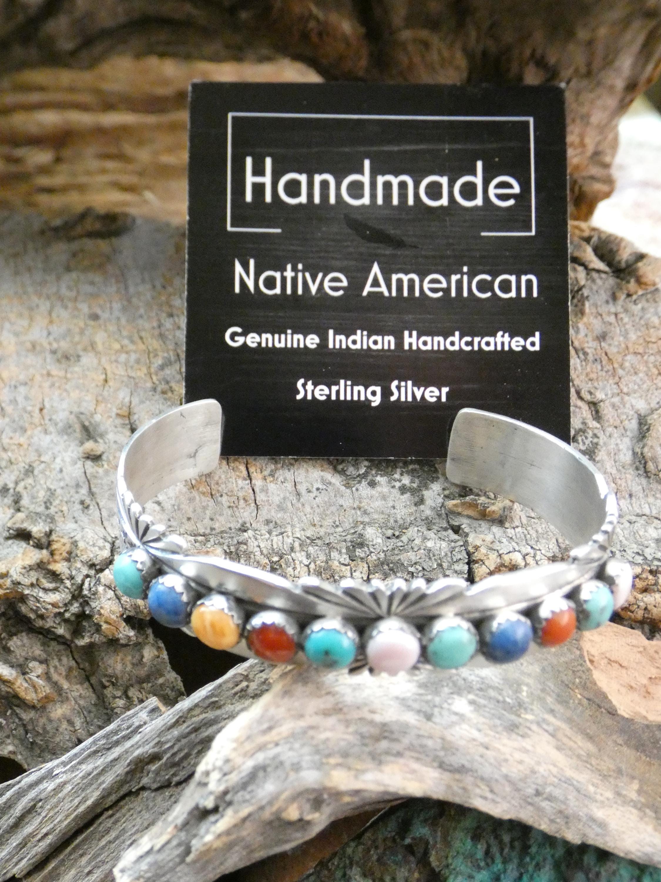 Colorful Multi Gemstone Native American Hand Stamped Sterling