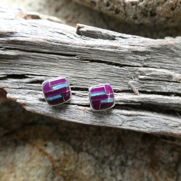 Purple Sugilite Gemstone & Opal Inlayed Petite Post Stud Earrings Handcrafted In The USA Free Gift Box Free Shipping NEW P55