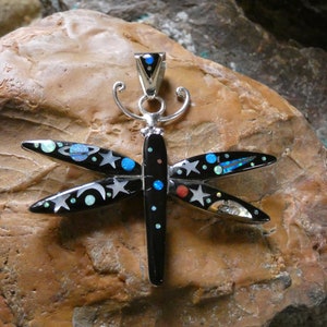 Dragonfly Black Onyx Galaxy Night Sky Planets Saturn Moon Stars Handmade Multi Gemstone Sterling Silver 925 Micro Inlay Larger Pendant C40