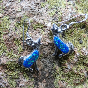 Handcrafted Sitting Howling Wolf Dog Coyote Sterling Silver Beautiful Blue Opal Earrings French Wire Hooks Free Shipping Gift Bag New Z88