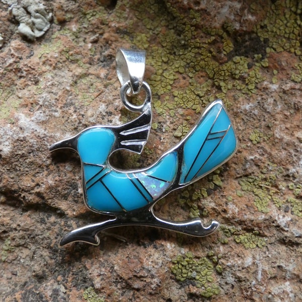 Roadrunner Bird Southwestern handgemaakte turquoise edelsteen en opaal ingelegde hanger sterlingzilver handgemaakt in de VS Gratis verzending NIEUW K51
