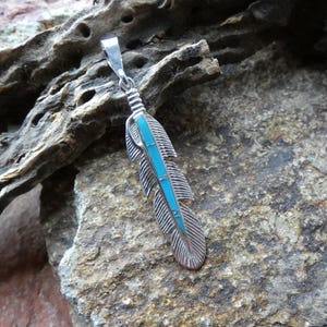 Southwestern Handmade Feather Sterling Silver Vibrant Blue Turquoise And Opal Gemstone Pendant Handcrafted In USA Free Shipping Gift Bag