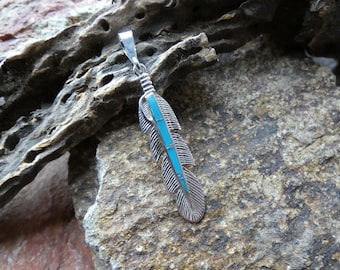 Southwestern Handmade Feather Sterling Silver Vibrant Blue Turquoise And Opal Gemstone Pendant Handcrafted In USA Free Shipping Gift Bag