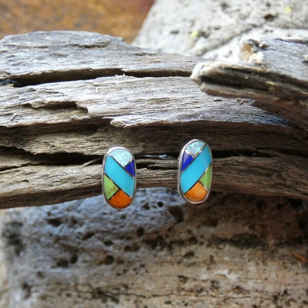 Cute Oval Southwestern Sterling Silver 925 Handcrafted Multi Gemstone & Opal Inlayed Small Stud Earrings Free Shipping Gift Box New P33