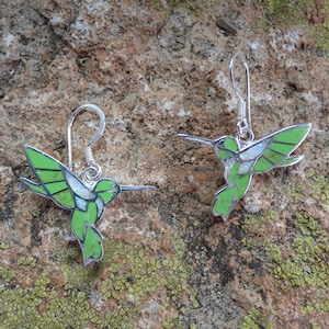 Beautiful Handcrafted Gaspeite & Opal Hummingbird Sterling Silver 925 Gemstone French Wire Earrings Made In USA Free Shipping Gift Bag B66