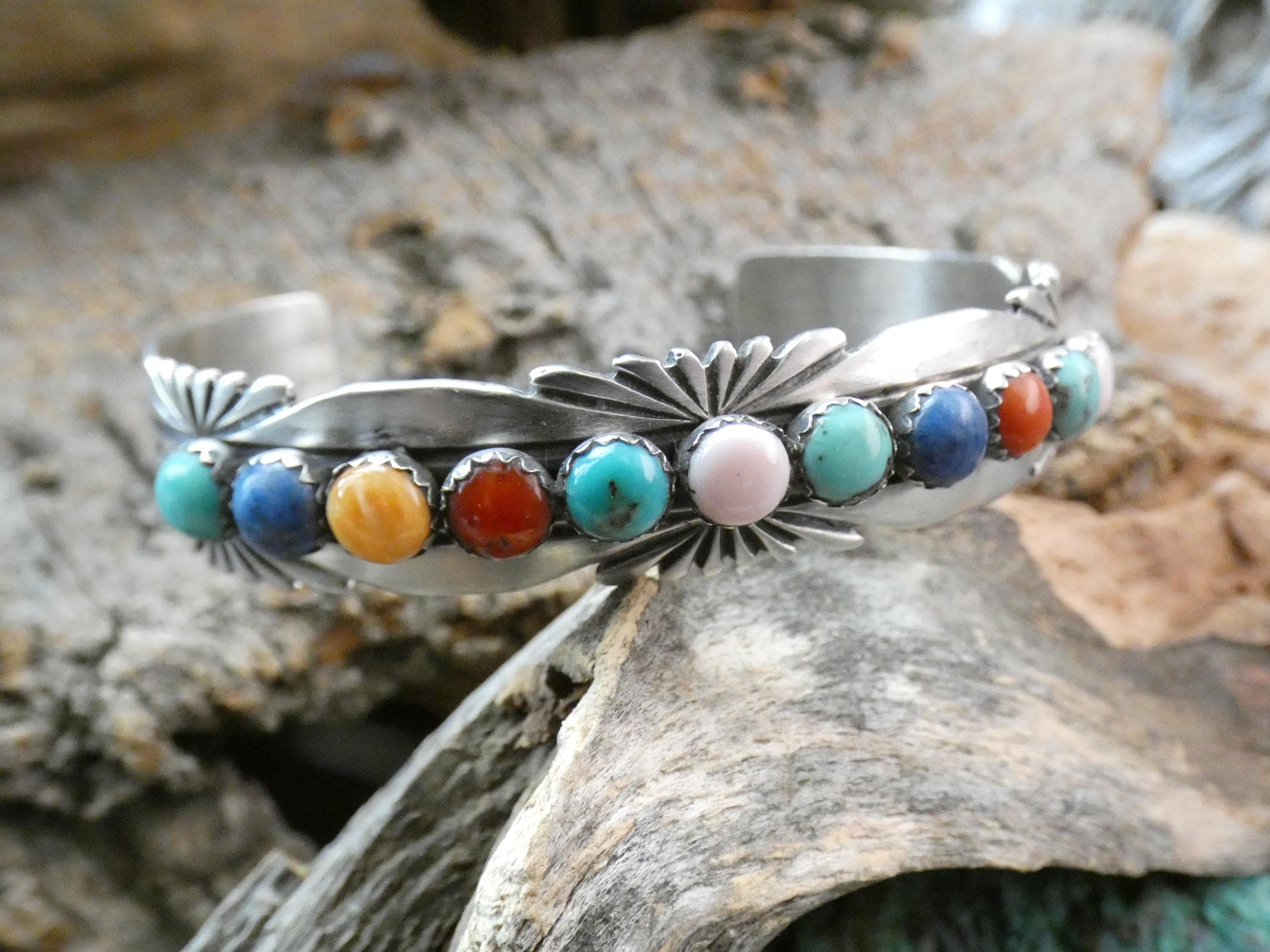 Colorful Multi Gemstone Native American Hand Stamped Sterling