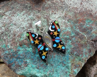 Butterfly Gorgeous Galaxy Night Sky Multi Gemstone Fire Opal Handmade Micro Inlay Pendant Sterling Silver 925 Free Shipping Gift Bag BD3