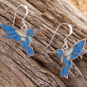 Hummingbird Sterling Silver French Wire  Beautiful Denim Blue Lapis Gemstone with Opal Inlayed Earrings Made In USA Free Shipping NEW U21