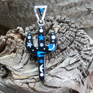 Saguaro Cactus Galaxy Night Sky Moon Stars Micro Inlay Multi Gemstone & Fire Opal Sterling Silver 925 Handcrafted Pendant Free Shipping Y33