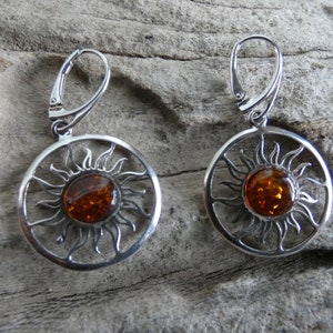 Radiant Sun Leverback Earrings Handcrafted Rich Brown Amber Gemstone Sterling Silver 925 Free Shipping In USA Gift Bag New H88