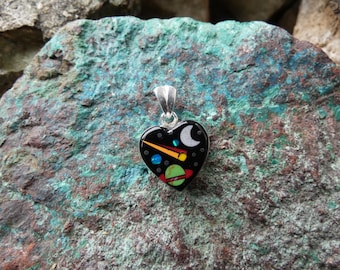 Galaxy Night Sky Micro Inlay Heart Design Multi Gemstone & Fire Opal Petite Small Pendant Sterling Silver 925 Free Shipping Gift Bag BA99