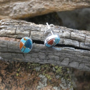 Handcrafted Multi Gemstone Nice Southwestern Sterling Silver 925 7mm Oval Bezel Set Stud Post Earrings Free Shipping Free Gift Bag NEW Y72