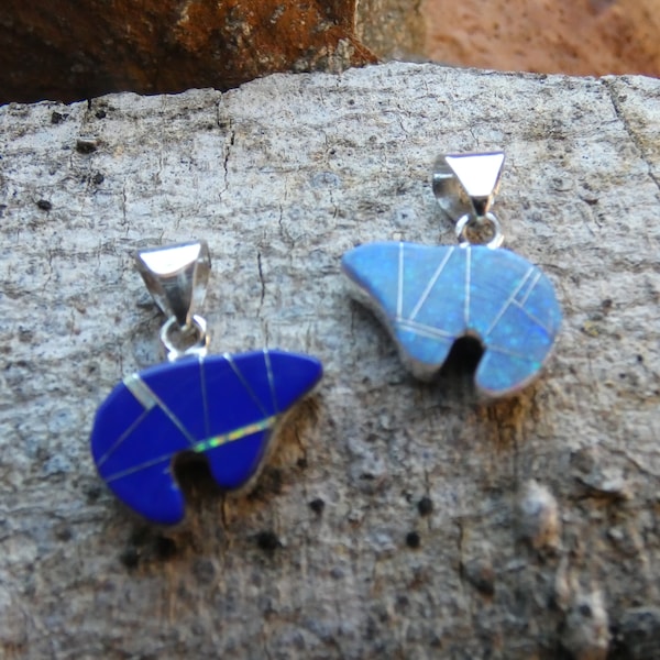 Double Sided Native American Bear Symbol Sterling Silver Blue Lapis Gemstone & Blue Opal Handcrafted Pendant Two Looks One Low Price NEW Z51