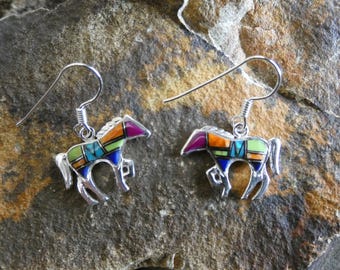 Handmade Multi Gemstone & Opal Horse Pony Stallion Equestrian Western Sterling Silver 925 French Wire Earrings Free Shipping Gift Bag AW37