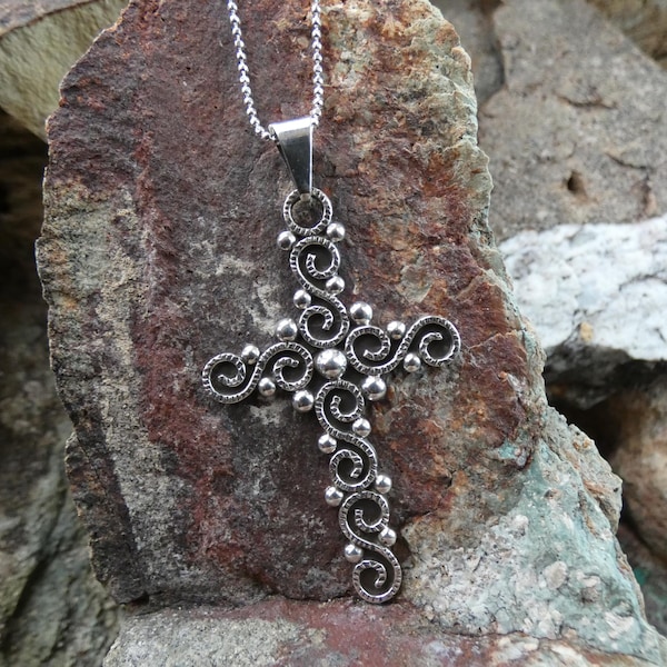 Vintage Look Oxidized Cross Handmade In USA Sterling Silver 925 Pendant With 18 inch Sterling Silver Chain Free Shipping Gift Bag NEW BA47