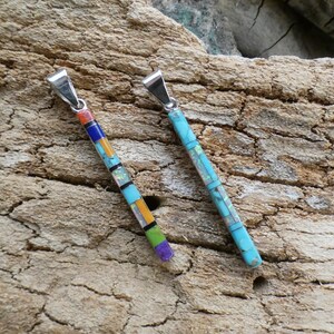 Southwestern Sterling Silver 925 Multi Gemstone Inlay and Turquoise Double Sided Bar Pendant Two Looks On One Pendant Free Shipping NEW AL30