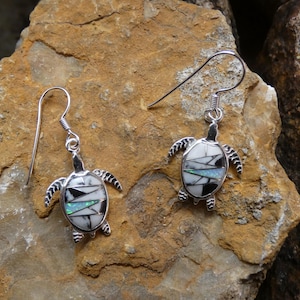 Sea Turtle Tortoise Buffalo Turquoise & Opal Mix Gemstone Inlay Sterling Silver 925 French Wire Earrings Free Shipping Gift Bag NEW AT73