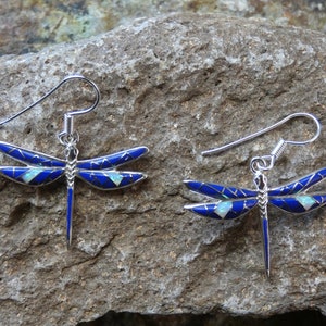 Dragonfly Deep Dark Blue Lapis & Opal Inlayed Sterling Silver 925 Earring Set Handcrafted in USA Free Shipping in USA Free Gift Bag NEW S61
