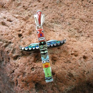 Southwestern Totem Pole Micro Inlayed Very Detailed With Faces Multi Gemstone Sterling Silver 925 Handcrafted pendant Free Shipping NEW P85