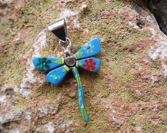 Turquoise Dragonfly Colorful Flowers Multi Gemstone Fire Opal Handmade Micro Inlay Pendant Sterling Silver 925 Free Shipping Gift Bag Ai18