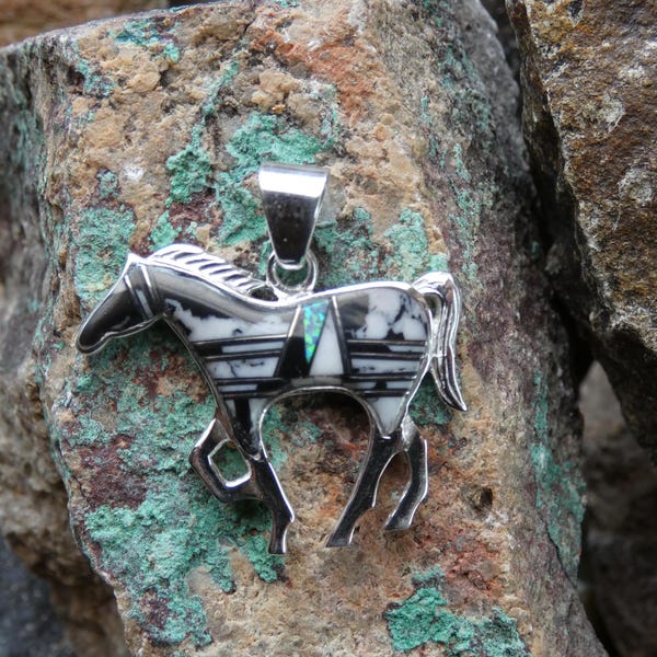 Horse Pony Stallion Southwestern Western Sterling Silver 925 Beautiful Buffalo Turquoise & Opal Unisex Pendant Free Shipping Gift Bag AN14