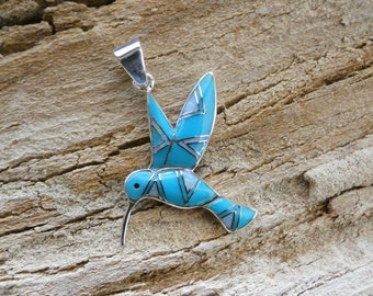 Hummingbird (Large Size) Southwestern Sterling Silver Pendant Turquoise Gemstone & Opal Inlay Made In USA Free Shipping Gift Bag NEW AA65