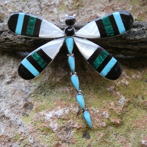 Native Made Dragonfly Zuni Artist Signed Multi Gemstone Sterling Silver 925 Pin Brooch Pendant Two Uses For One Low Price FREE Shipping H31