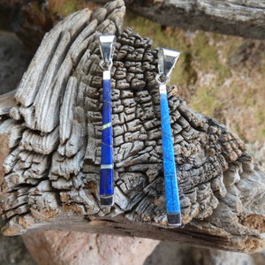Southwest Sterling Silver 925 Lapis Bleu Foncé Opale Bleue Incrusté Double Face Bar Petite Pendentif Deux Looks Un bas Prix Livraison Gratuite G79