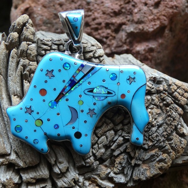 Beautiful Turquoise Galaxy Night Native American Buffalo Bison Symbol Handmade Multi Gemstone Micro Inlay Pendant Sterling Silver 925 O61