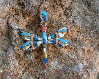 Dragonfly Handcrafted Multi Gemstone Colorful Mix Micro Inlayed Pendant Sterling Silver 925 Makes A Great Gift! Free Shipping Gift Bag G33