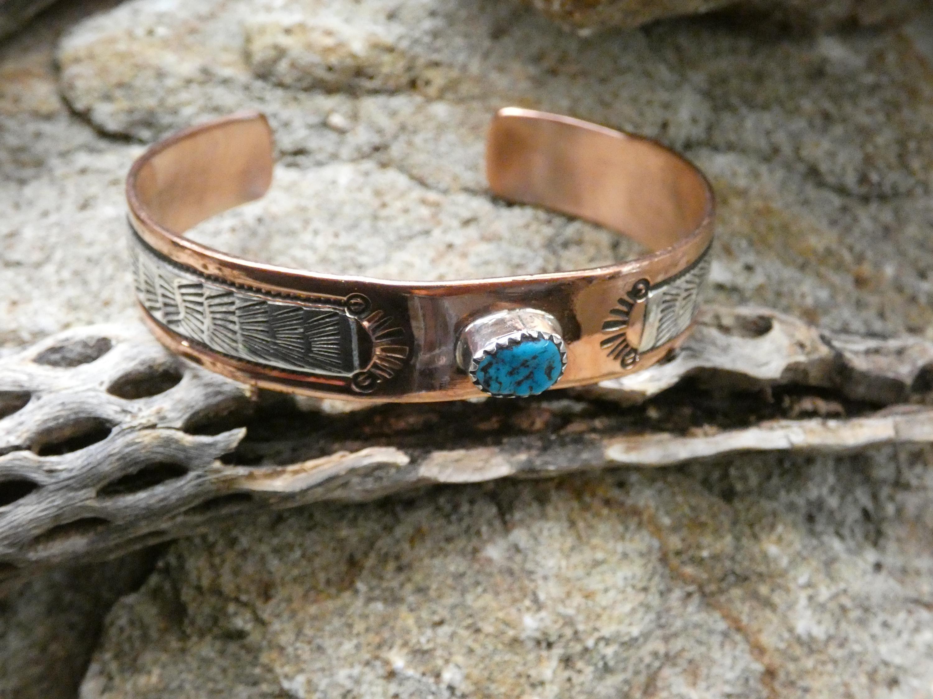 Native American Navajo Handcrafted Stamped Copper Sterling