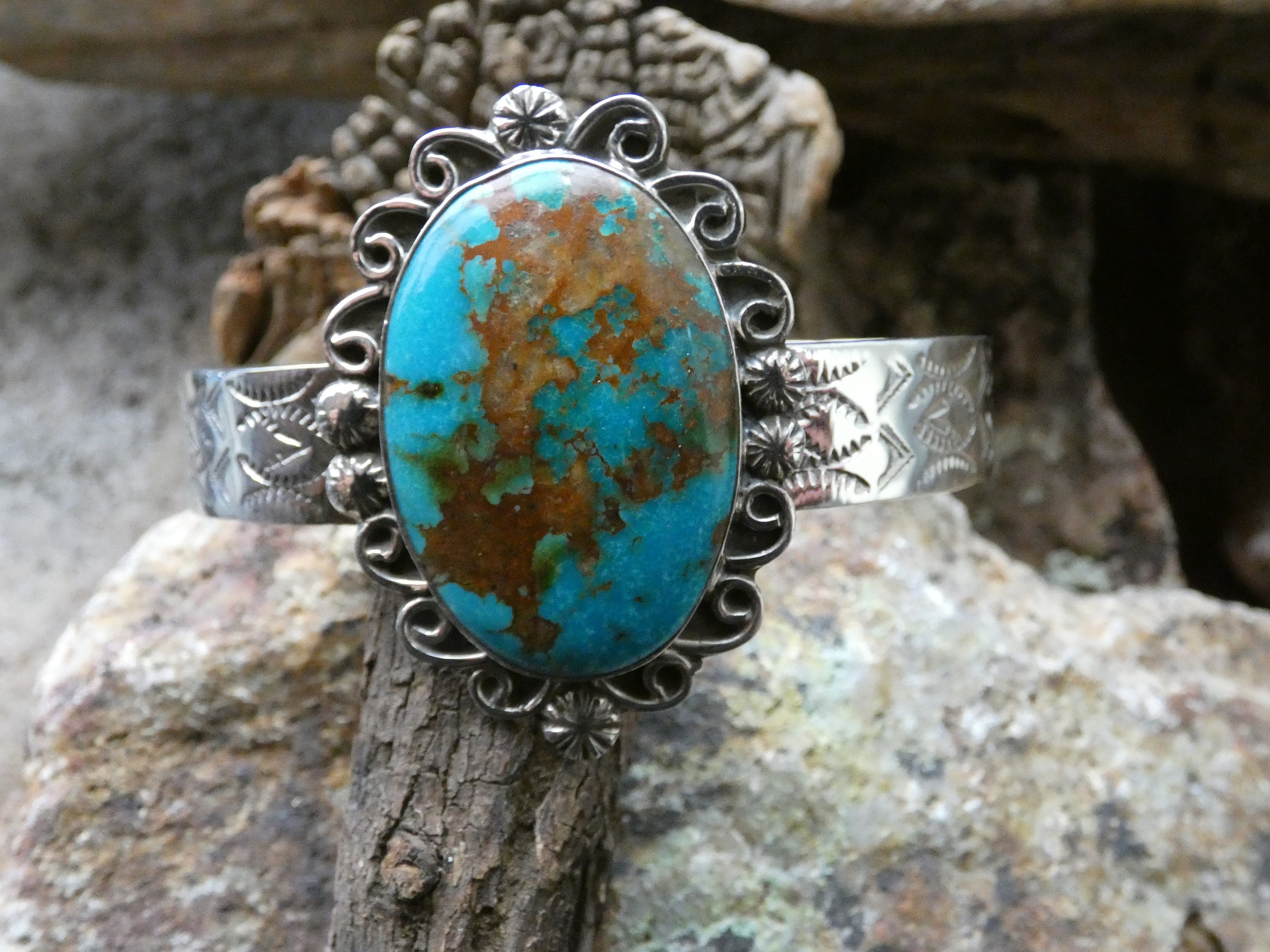 Boulder Turquoise Handcrafted Hand Stamped Sterling Silver 925 Southwestern Western Layering Bracelet Cuff Free Shipping Gift Box NEW K26thumbnail