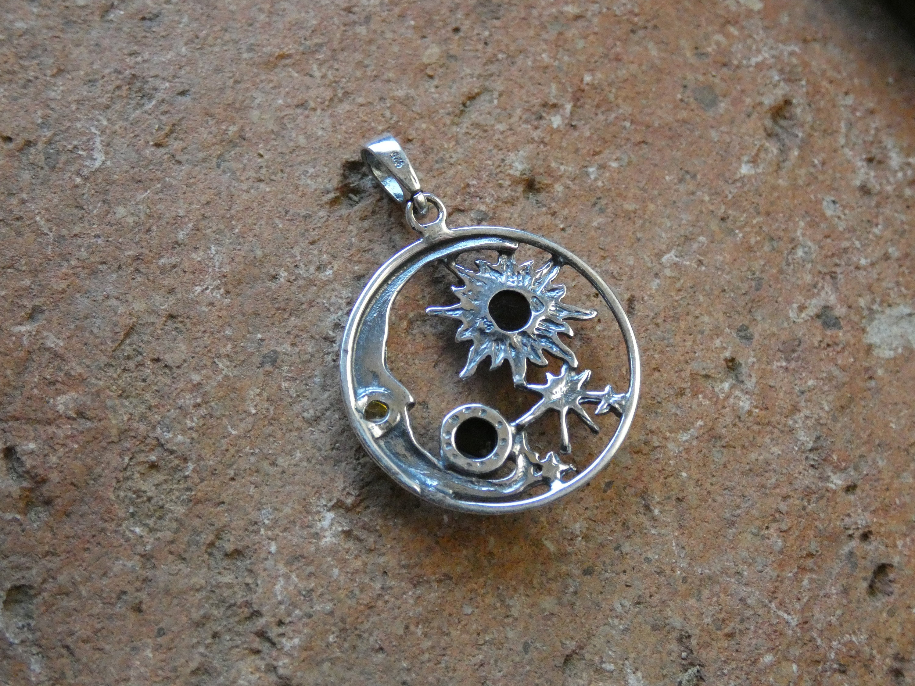 Crescent Moon With Stars Sun Amber Trio of Color Sterling Silver 925 ...