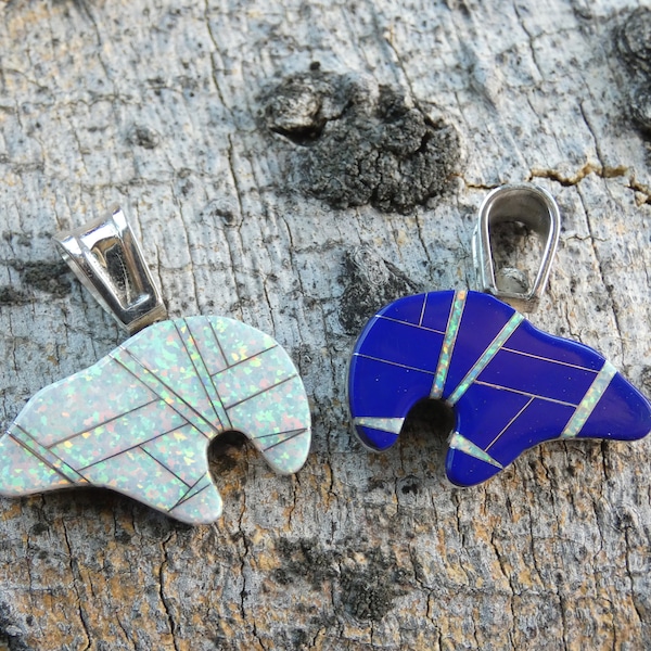 Lapis Lazuli & White Opal Double Sided Larger Size Native American Bear Symbol Sterling Silver Handmade Pendant Two Looks One Low Price R34