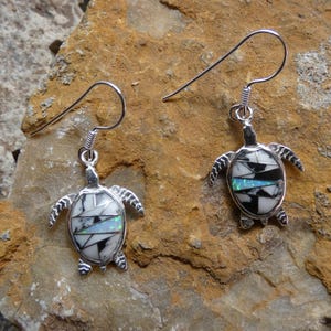 Turtle Tortoise Nice Buffalo Turquoise & Opal Mix Gemstone Inlay Sterling Silver 925 French Wire Earrings Free Shipping Gift Bag NEW AT74