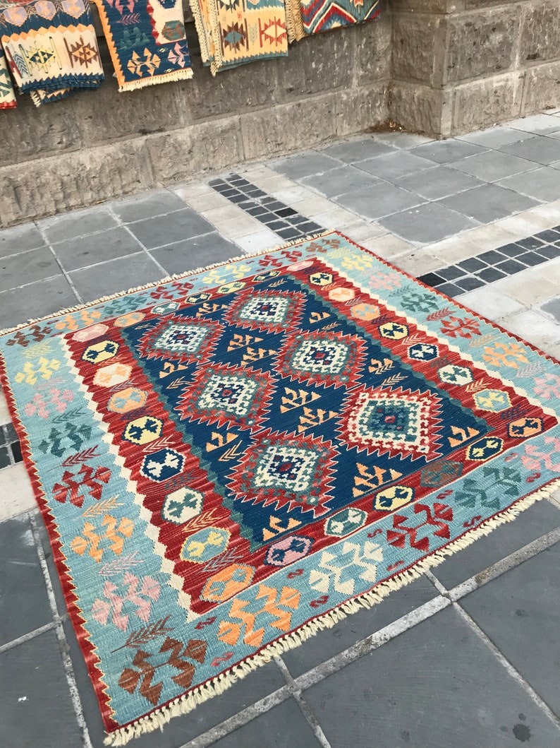 Blue Kilim Rug for Ethnic Chic Decor 100 Wool and Free Etsy