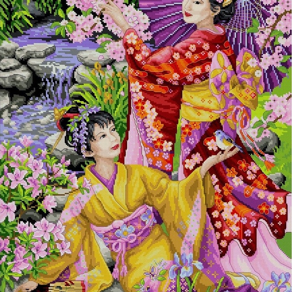 Cross Stitch PDF downloadbaar patroon - Twee Geisha's gekleed in lentekimono's