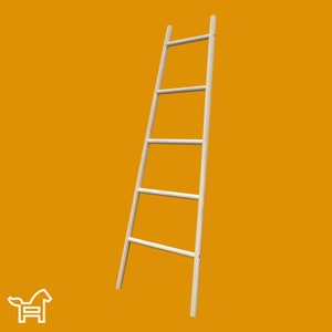 May include: A natural wood ladder style towel rack with four rungs. The rack is leaning against a yellow wall.