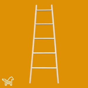 May include: A white wooden ladder shelf with five rungs. The ladder shelf is standing on a yellow background.