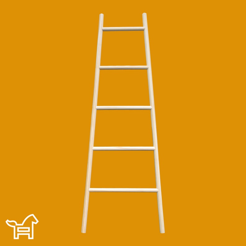 May include: A white wooden ladder shelf with five rungs. The ladder shelf is standing on a yellow background.