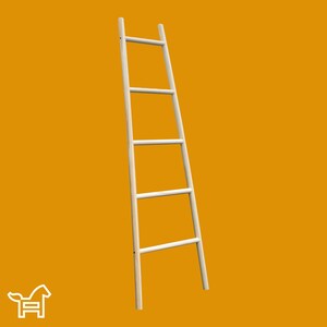 May include: A white wooden ladder with four rungs. The ladder is leaning against a yellow wall.