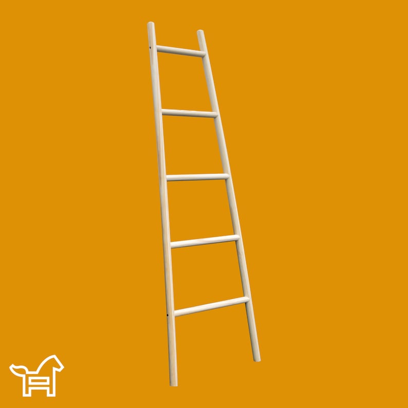 May include: A white wooden ladder with four rungs. The ladder is leaning against a yellow wall.