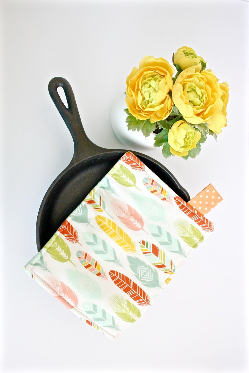 Feathers Womens Kitchen Half Apron Sage Orange and Yellow Feather Fabric Print
